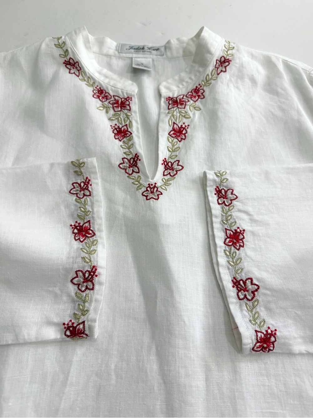 White Linen Floral Embroidered Top Size 16 Boho Peasant Tunic Breathable Summer - Picture 5 of 11